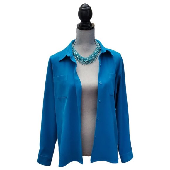 Petite Sophisticate Moleskin LS Button Front Blouse | Like New | MP | Turquoise - Picture 2 of 9